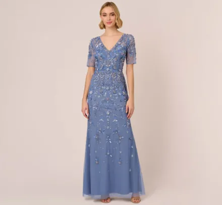 Adrianna Papell Wedding Guest Dresses|Formal Dresses*3D Floral Beaded Mermaid Gown With Sheer Short Sleeves In French Blue