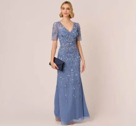Adrianna Papell Wedding Guest Dresses|Formal Dresses*3D Floral Beaded Mermaid Gown With Sheer Short Sleeves In French Blue