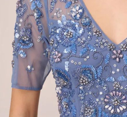 Adrianna Papell Wedding Guest Dresses|Formal Dresses*3D Floral Beaded Mermaid Gown With Sheer Short Sleeves In French Blue