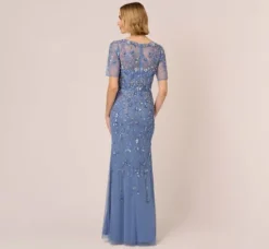 Adrianna Papell Wedding Guest Dresses|Formal Dresses*3D Floral Beaded Mermaid Gown With Sheer Short Sleeves In French Blue