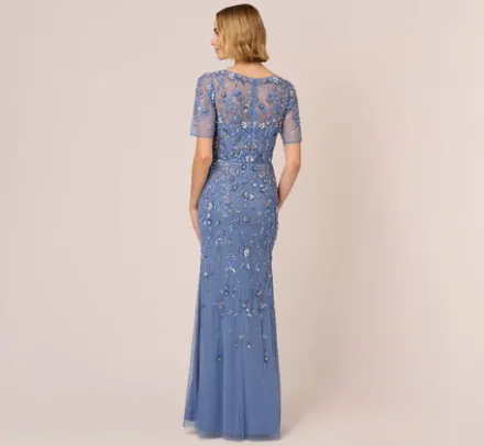 Adrianna Papell Wedding Guest Dresses|Formal Dresses*3D Floral Beaded Mermaid Gown With Sheer Short Sleeves In French Blue