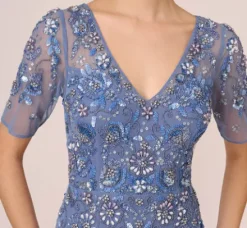 Adrianna Papell Wedding Guest Dresses|Formal Dresses*3D Floral Beaded Mermaid Gown With Sheer Short Sleeves In French Blue