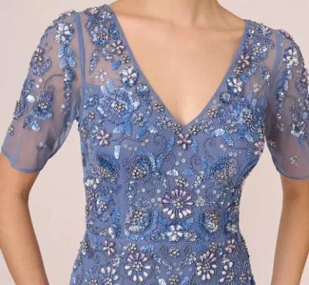Adrianna Papell Wedding Guest Dresses|Formal Dresses*3D Floral Beaded Mermaid Gown With Sheer Short Sleeves In French Blue