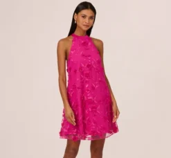 Adrianna Papell Wedding Guest Dresses*3D Floral Embroidered Trapeze Dress With Open Bow Back In Cosmo Pink