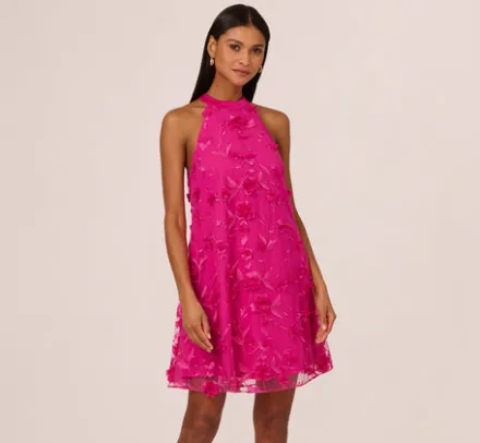 Adrianna Papell Wedding Guest Dresses*3D Floral Embroidered Trapeze Dress With Open Bow Back In Cosmo Pink