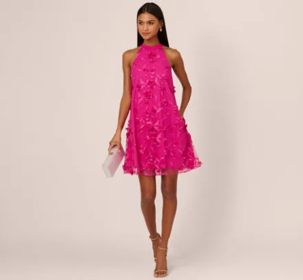 Adrianna Papell Wedding Guest Dresses*3D Floral Embroidered Trapeze Dress With Open Bow Back In Cosmo Pink