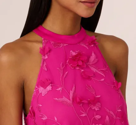 Adrianna Papell Wedding Guest Dresses*3D Floral Embroidered Trapeze Dress With Open Bow Back In Cosmo Pink