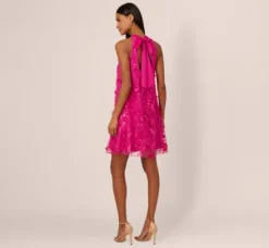 Adrianna Papell Wedding Guest Dresses*3D Floral Embroidered Trapeze Dress With Open Bow Back In Cosmo Pink