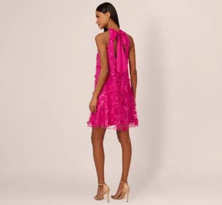 Adrianna Papell Wedding Guest Dresses*3D Floral Embroidered Trapeze Dress With Open Bow Back In Cosmo Pink