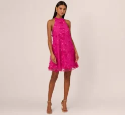Adrianna Papell Wedding Guest Dresses*3D Floral Embroidered Trapeze Dress With Open Bow Back In Cosmo Pink