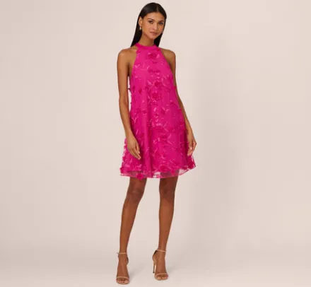 Adrianna Papell Wedding Guest Dresses*3D Floral Embroidered Trapeze Dress With Open Bow Back In Cosmo Pink