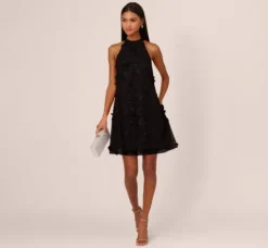 Adrianna Papell Wedding Guest Dresses*3D Floral Embroidered Trapeze Dress With Open Bow Back In