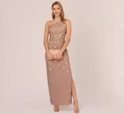 Adrianna Papell Wedding Guest Dresses|Formal Dresses*3D Floral Hand-Beaded One-Shoulder Long Column Gown In