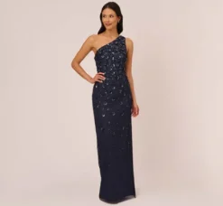 Adrianna Papell Wedding Guest Dresses|Formal Dresses*3D Floral Hand-Beaded One-Shoulder Long Column Gown In Dusty Navy