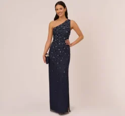 Adrianna Papell Wedding Guest Dresses|Formal Dresses*3D Floral Hand-Beaded One-Shoulder Long Column Gown In Dusty Navy