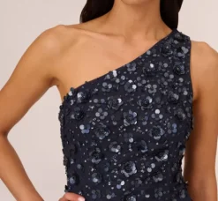 Adrianna Papell Wedding Guest Dresses|Formal Dresses*3D Floral Hand-Beaded One-Shoulder Long Column Gown In Dusty Navy