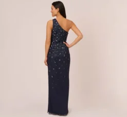 Adrianna Papell Wedding Guest Dresses|Formal Dresses*3D Floral Hand-Beaded One-Shoulder Long Column Gown In Dusty Navy