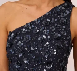 Adrianna Papell Wedding Guest Dresses|Formal Dresses*3D Floral Hand-Beaded One-Shoulder Long Column Gown In Dusty Navy