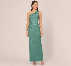 Adrianna Papell Wedding Guest Dresses|Formal Dresses*3D Floral Hand-Beaded One-Shoulder Long Column Gown In Green Slate