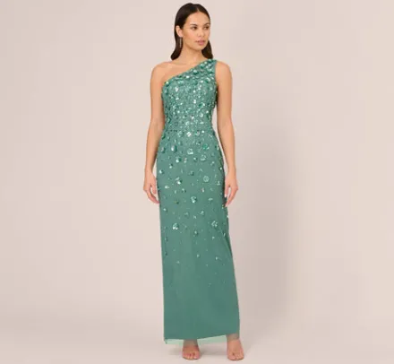Adrianna Papell Wedding Guest Dresses|Formal Dresses*3D Floral Hand-Beaded One-Shoulder Long Column Gown In Green Slate