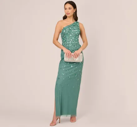 Adrianna Papell Wedding Guest Dresses|Formal Dresses*3D Floral Hand-Beaded One-Shoulder Long Column Gown In Green Slate