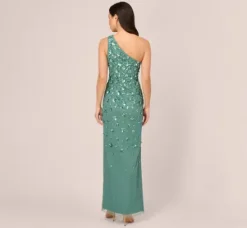 Adrianna Papell Wedding Guest Dresses|Formal Dresses*3D Floral Hand-Beaded One-Shoulder Long Column Gown In Green Slate