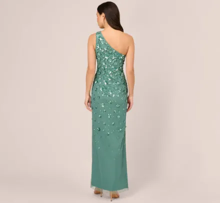 Adrianna Papell Wedding Guest Dresses|Formal Dresses*3D Floral Hand-Beaded One-Shoulder Long Column Gown In Green Slate