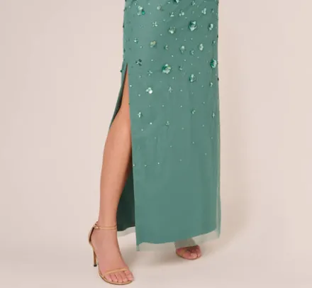 Adrianna Papell Wedding Guest Dresses|Formal Dresses*3D Floral Hand-Beaded One-Shoulder Long Column Gown In Green Slate