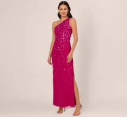 Adrianna Papell Wedding Guest Dresses|Formal Dresses*3D Floral Hand-Beaded One-Shoulder Long Column Gown In Hot Orchid