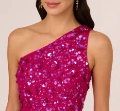 Adrianna Papell Wedding Guest Dresses|Formal Dresses*3D Floral Hand-Beaded One-Shoulder Long Column Gown In Hot Orchid