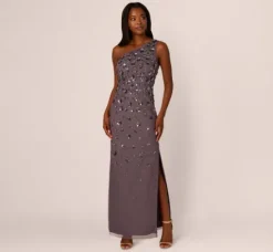 Adrianna Papell Wedding Guest Dresses|Formal Dresses*3D Floral Hand-Beaded One-Shoulder Long Column Gown In