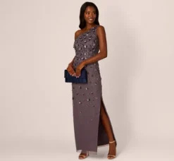 Adrianna Papell Wedding Guest Dresses|Formal Dresses*3D Floral Hand-Beaded One-Shoulder Long Column Gown In