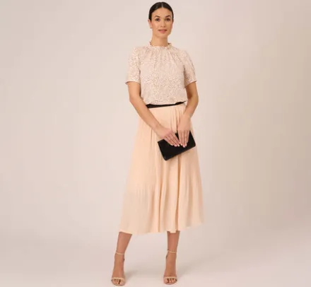 Adrianna Papell Pants & Skirts*Dot Print Pleated Midi Skirt In Champagne Ivory Seed Dot