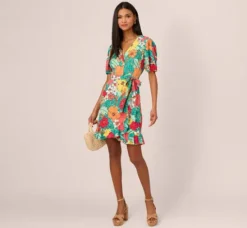 Adrianna Papell Wedding Guest Dresses|Day Dresses*Drawn Floral Print Faux Wrap Dress With Short Sleeves In Aqua Coral Multi