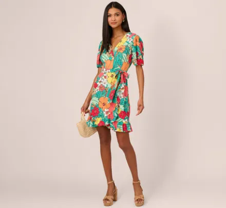 Adrianna Papell Wedding Guest Dresses|Day Dresses*Drawn Floral Print Faux Wrap Dress With Short Sleeves In Aqua Coral Multi