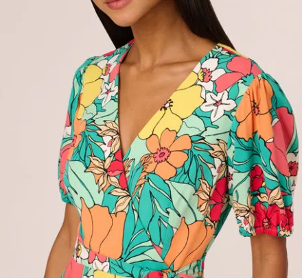 Adrianna Papell Wedding Guest Dresses|Day Dresses*Drawn Floral Print Faux Wrap Dress With Short Sleeves In Aqua Coral Multi
