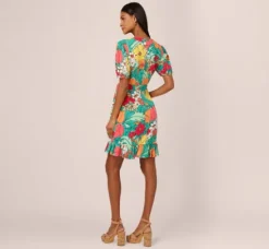 Adrianna Papell Wedding Guest Dresses|Day Dresses*Drawn Floral Print Faux Wrap Dress With Short Sleeves In Aqua Coral Multi