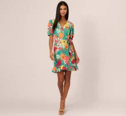 Adrianna Papell Wedding Guest Dresses|Day Dresses*Drawn Floral Print Faux Wrap Dress With Short Sleeves In Aqua Coral Multi