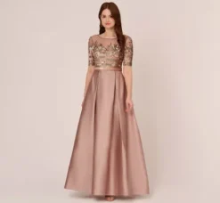 Adrianna Papell Wedding Guest Dresses|Formal Dresses*Embellished Taffeta Gown With Sheer Elbow Length Sleeves In