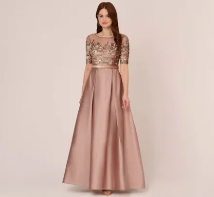 Adrianna Papell Wedding Guest Dresses|Formal Dresses*Embellished Taffeta Gown With Sheer Elbow Length Sleeves In