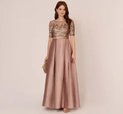 Adrianna Papell Wedding Guest Dresses|Formal Dresses*Embellished Taffeta Gown With Sheer Elbow Length Sleeves In