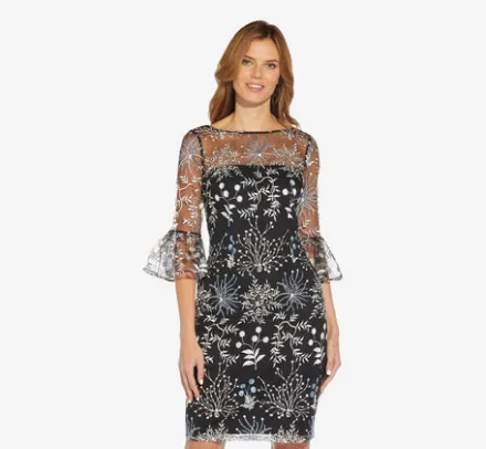 Adrianna Papell Wedding Guest Dresses|Day Dresses*Embroidered Three Quarter Sleeve Short Sheath Dress With Bell Sleeves In Blue Multi