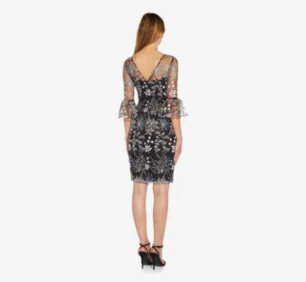 Adrianna Papell Wedding Guest Dresses|Day Dresses*Embroidered Three Quarter Sleeve Short Sheath Dress With Bell Sleeves In Blue Multi