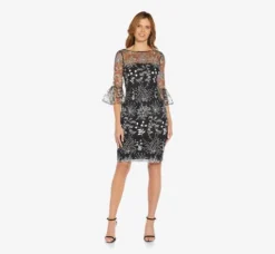 Adrianna Papell Wedding Guest Dresses|Day Dresses*Embroidered Three Quarter Sleeve Short Sheath Dress With Bell Sleeves In Blue Multi