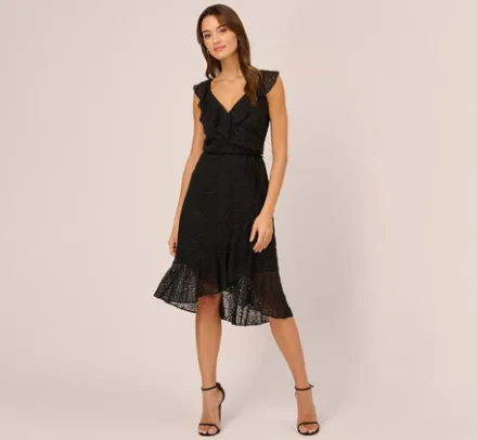 Adrianna Papell Wedding Guest Dresses|Ap Exclusives*Eyelet Faux Wrap Midi Dress With Ruffle Details In