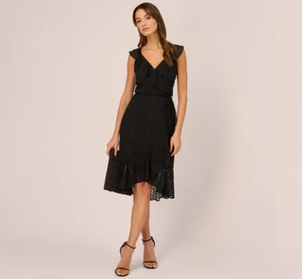 Adrianna Papell Wedding Guest Dresses|Ap Exclusives*Eyelet Faux Wrap Midi Dress With Ruffle Details In