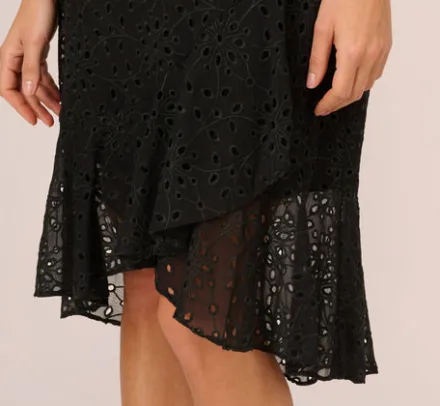 Adrianna Papell Wedding Guest Dresses|Ap Exclusives*Eyelet Faux Wrap Midi Dress With Ruffle Details In