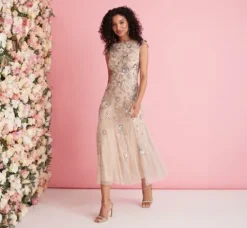 Adrianna Papell Wedding Guest Dresses|Grandmother Of The Bride & Groom*Floral Beaded Ankle Length Gown In Silver Nude