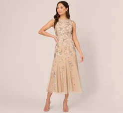 Adrianna Papell Wedding Guest Dresses|Grandmother Of The Bride & Groom*Floral Beaded Ankle Length Gown In Silver Nude