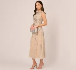 Adrianna Papell Wedding Guest Dresses|Grandmother Of The Bride & Groom*Floral Beaded Ankle Length Gown In Silver Nude
